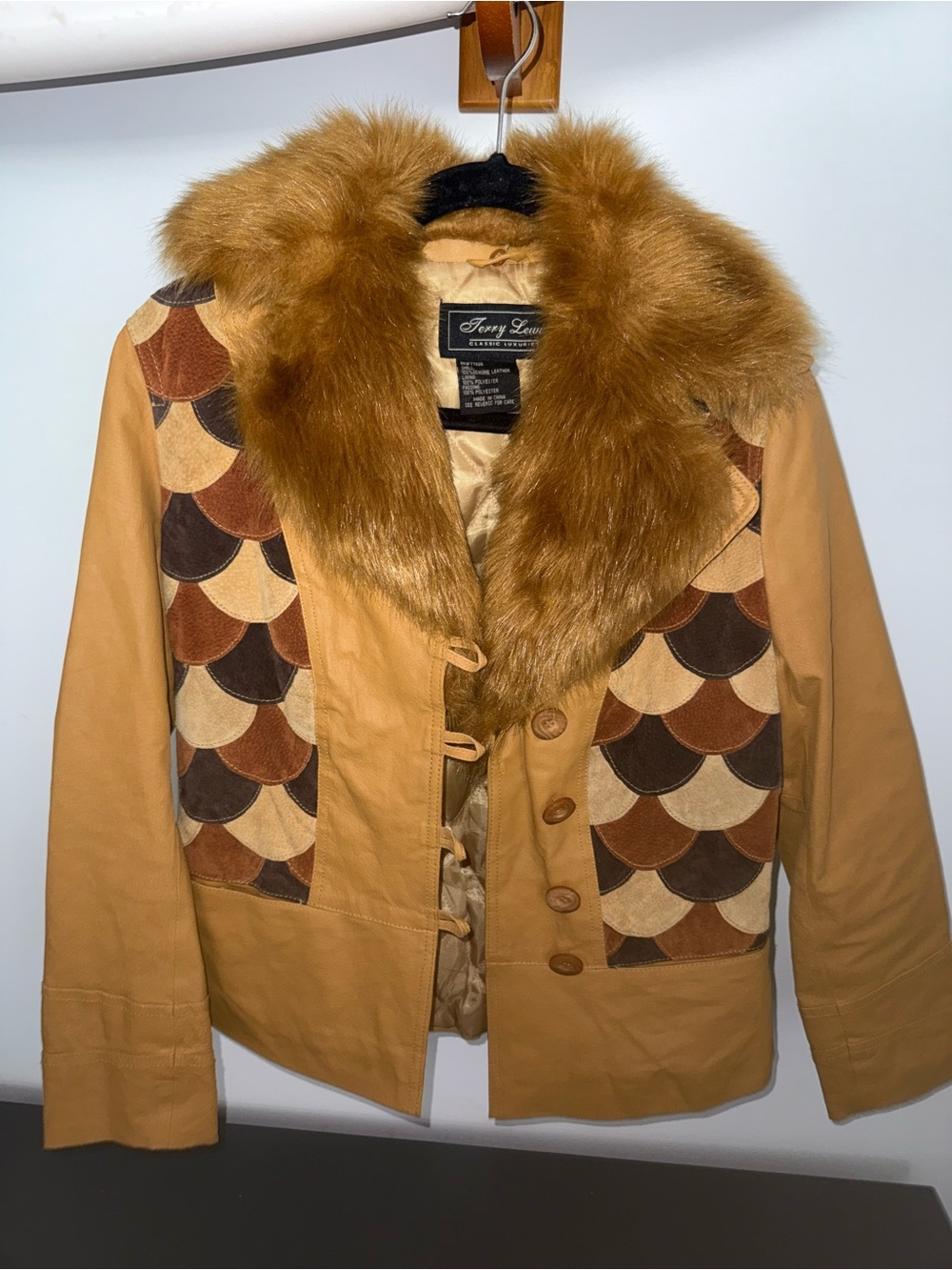Vintage Terry Lewis Leather Jacket Patchwork Removable Faux Fur Collar Size XS